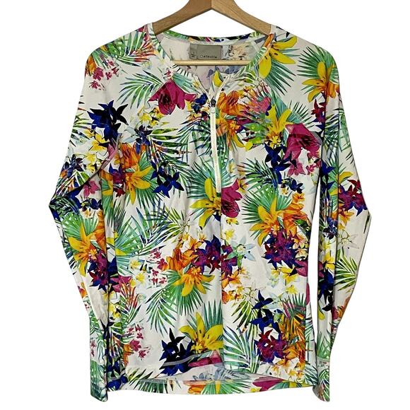 Athleta Other - Athleta floral rashguard nylon long sleeved quarter zip top swimsuit women's L